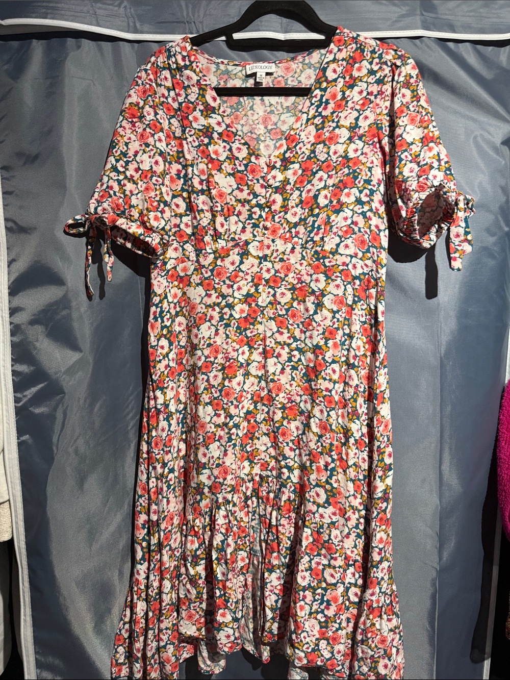 Luxology Pink White Floral Midi Dress with Tie Sleeves